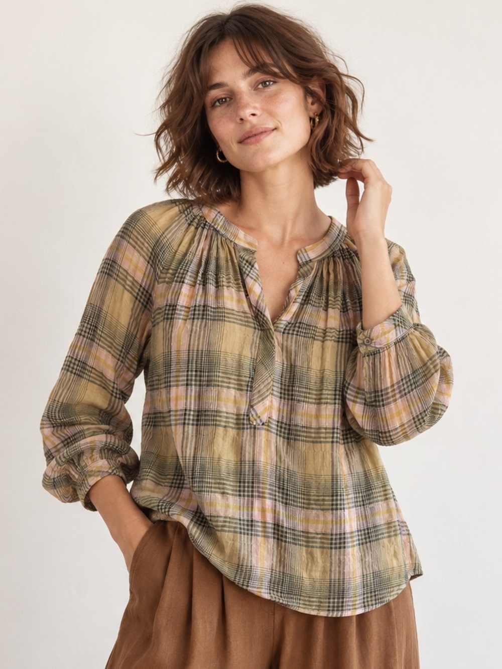Louizon Mapou Blouse Semi-Sheer Relaxed Tunic V-neck plaid green sz 1 US 6-8